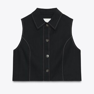 Zara black linen blend contrast stitching straight fit vest top NWT